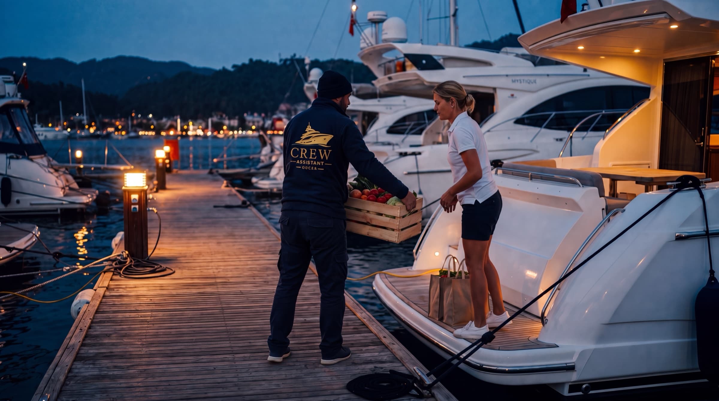 A member of staff carrying provision crates along a quiet marina pontoon towards a yacht in Göcek.