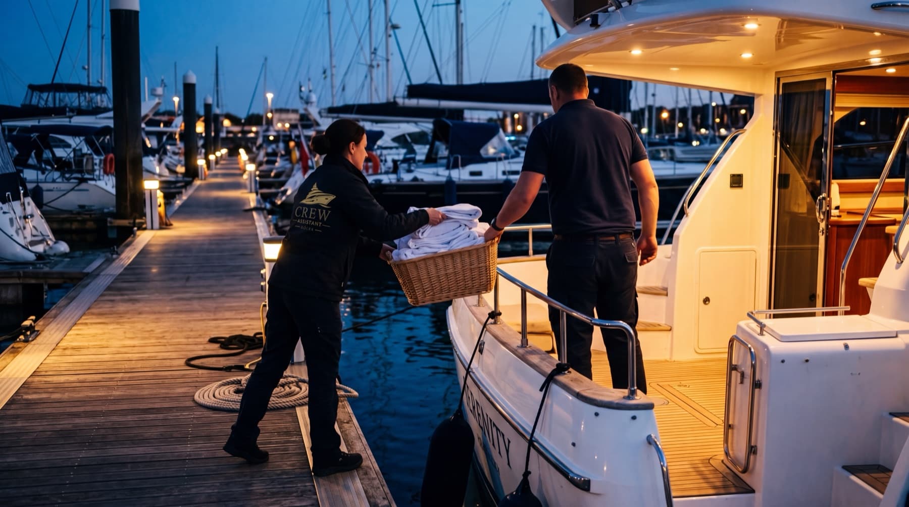 Freshly laundered white linen in a basket being handed to a crew member on the aft deck at dusk.